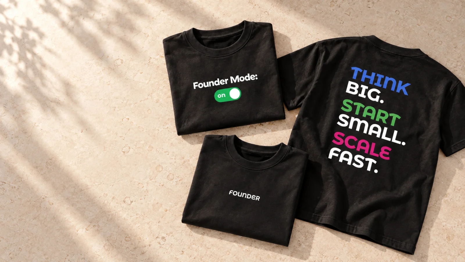 Die drei schwarzen Founder-Shirts: Founder Mode, Founder und Think big. Start small. Scale fast.