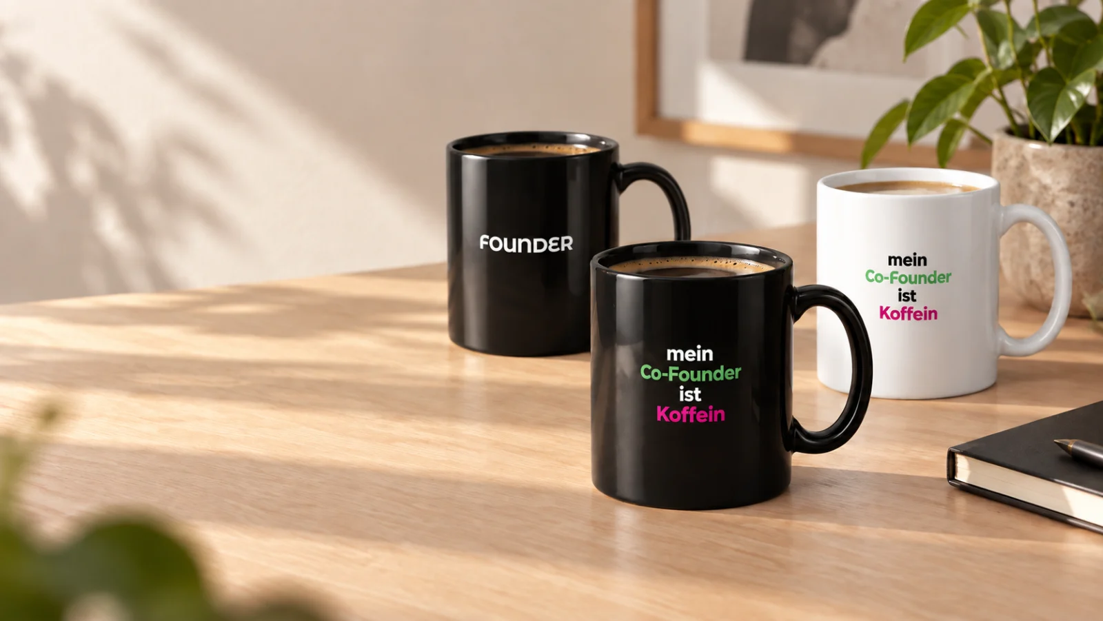 Schwarze und weiße Founder-Tassen mit Kaffee auf einem sonnigen Schreibtisch