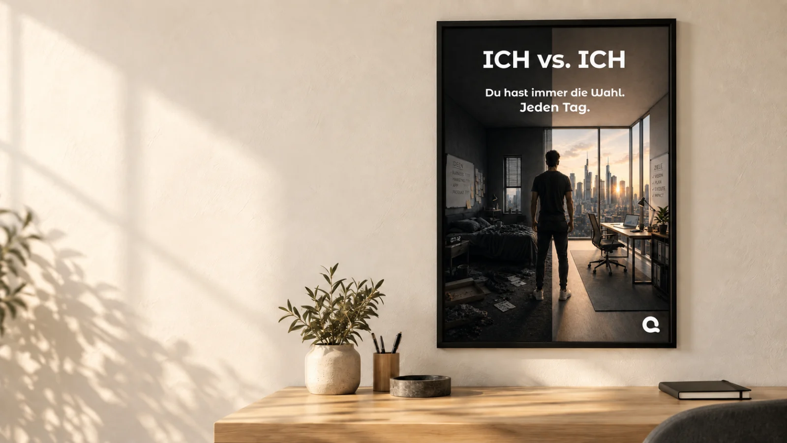 Poster ICH vs. ICH über einem Schreibtisch: Du hast immer die Wahl. Jeden Tag.