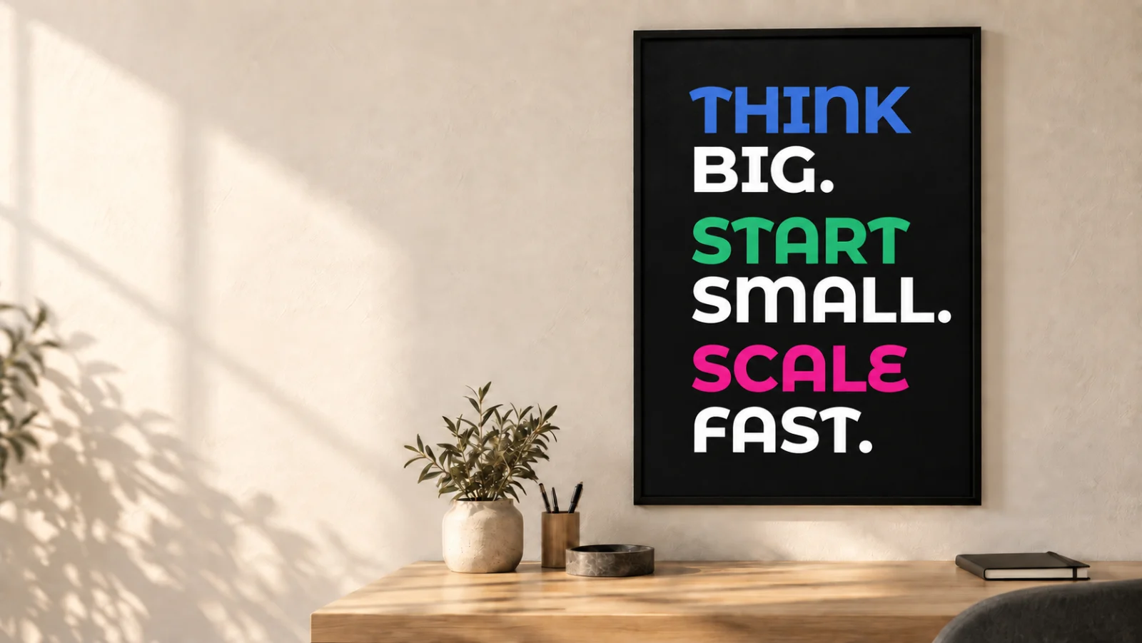 Poster Think big. Start small. Scale fast. an einer sonnigen Wand
